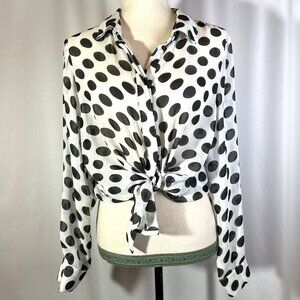 Unique21 Size 10 Semi Sheer Polka Dot Blouse Long Sleeves Black White Flowy